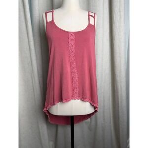 POL Dusty Rose Lace Trim Strappy Back Hi-Low Tank Top Size Small